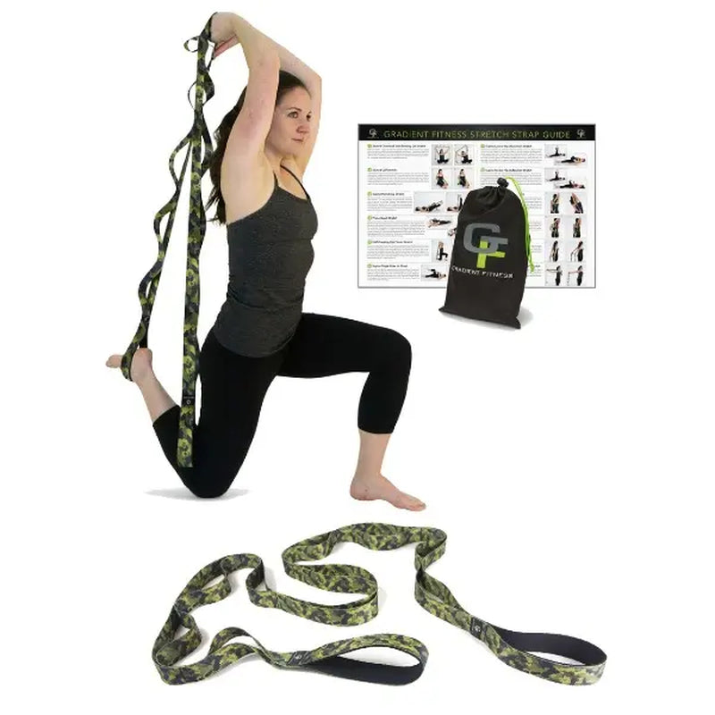 Gradient Fitness Wide Grip Stretching Strap - 1.5 Inch x 8 Feet, 12 Multi-Loop Non-Elastic Nylon Stretch Band with Neoprene Handles, Storage Bag, and 12 Exercise Posters - Available in 4 Colors