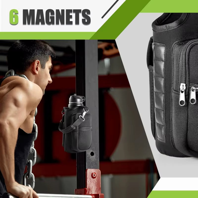 Magnetic Water Bottle Carrier with Phone Pocket, Shoulder Strap, and 6 Built-In Magnets