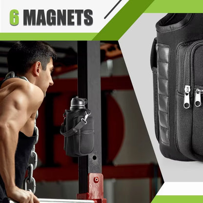 Magnetic Water Bottle Carrier with Phone Pocket, Shoulder Strap, and 6 Built-In Magnets