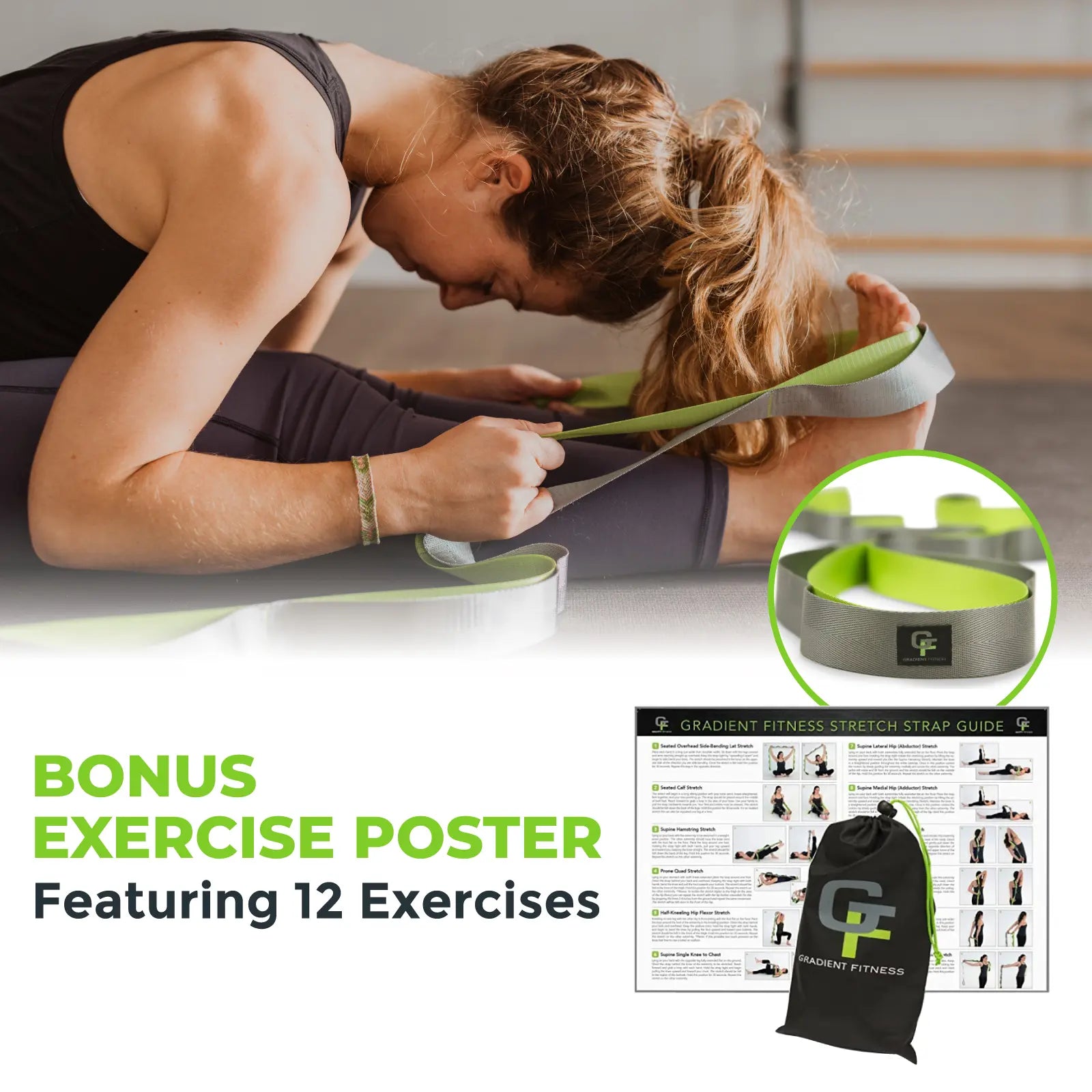 Gradient Fitness Wide Grip Stretching Strap - 1.5 Inch x 8 Feet, 12 Multi-Loop Non-Elastic Nylon Stretch Band with Neoprene Handles, Storage Bag, and 12 Exercise Posters - Available in 4 Colors