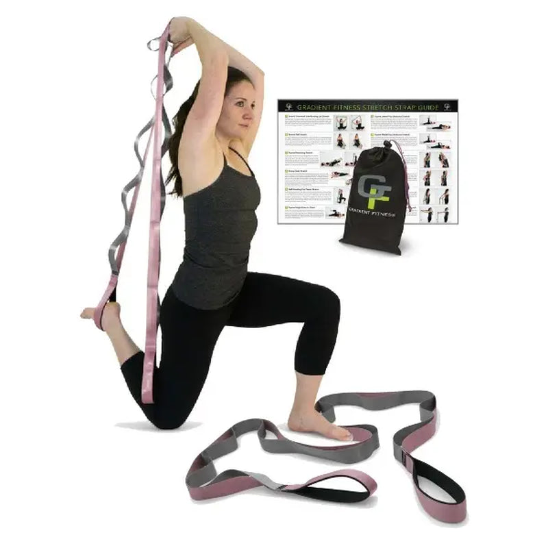 Gradient Fitness Wide Grip Stretching Strap - 1.5 Inch x 8 Feet, 12 Multi-Loop Non-Elastic Nylon Stretch Band with Neoprene Handles, Storage Bag, and 12 Exercise Posters - Available in 4 Colors