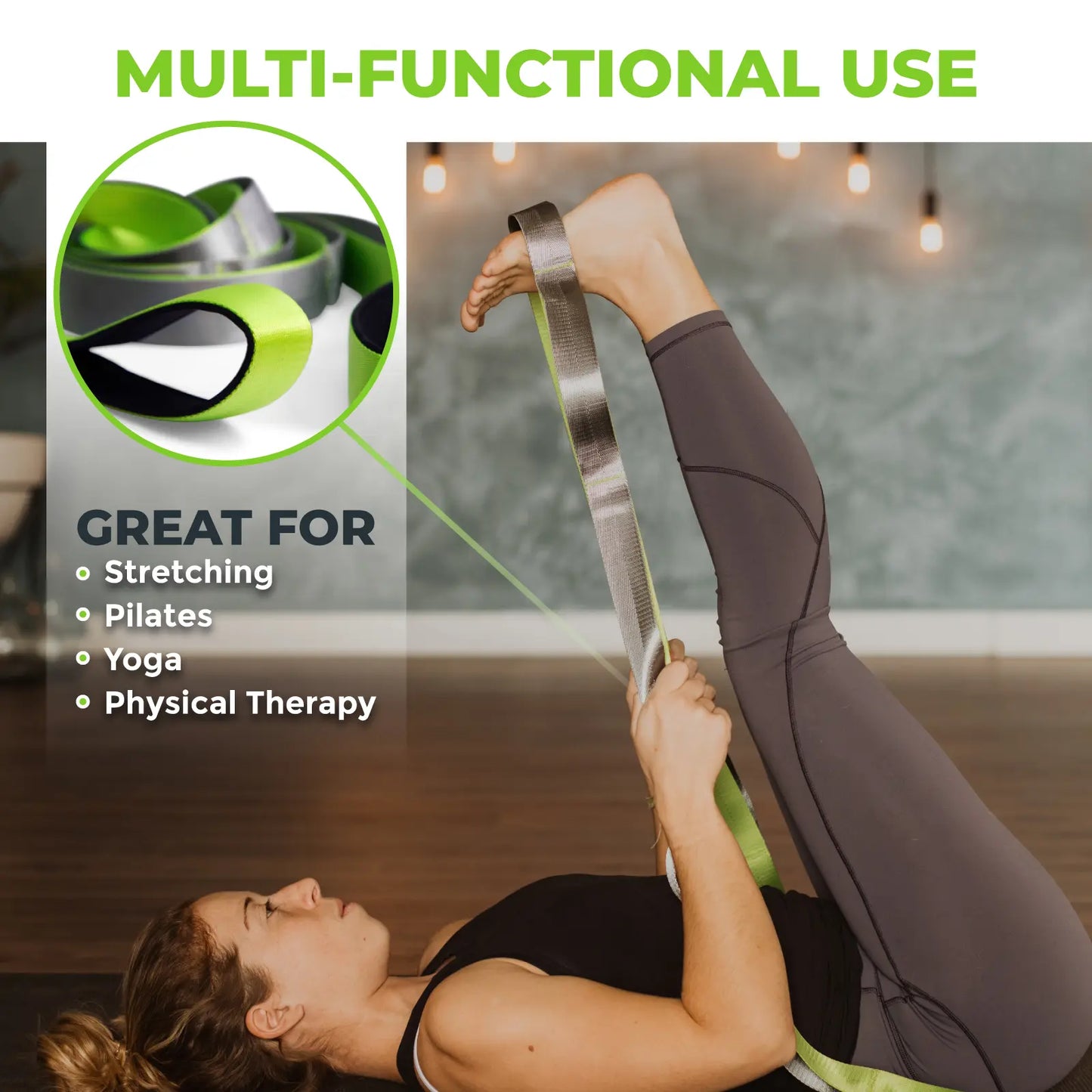 Gradient Fitness Wide Grip Stretching Strap - 1.5 Inch x 8 Feet, 12 Multi-Loop Non-Elastic Nylon Stretch Band with Neoprene Handles, Storage Bag, and 12 Exercise Posters - Available in 4 Colors