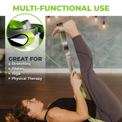 Gradient Fitness Wide Grip Stretching Strap - 1.5 Inch x 8 Feet, 12 Multi-Loop Non-Elastic Nylon Stretch Band with Neoprene Handles, Storage Bag, and 12 Exercise Posters - Available in 4 Colors