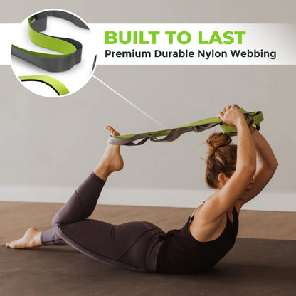Gradient Fitness Wide Grip Stretching Strap - 1.5 Inch x 8 Feet, 12 Multi-Loop Non-Elastic Nylon Stretch Band with Neoprene Handles, Storage Bag, and 12 Exercise Posters - Available in 4 Colors