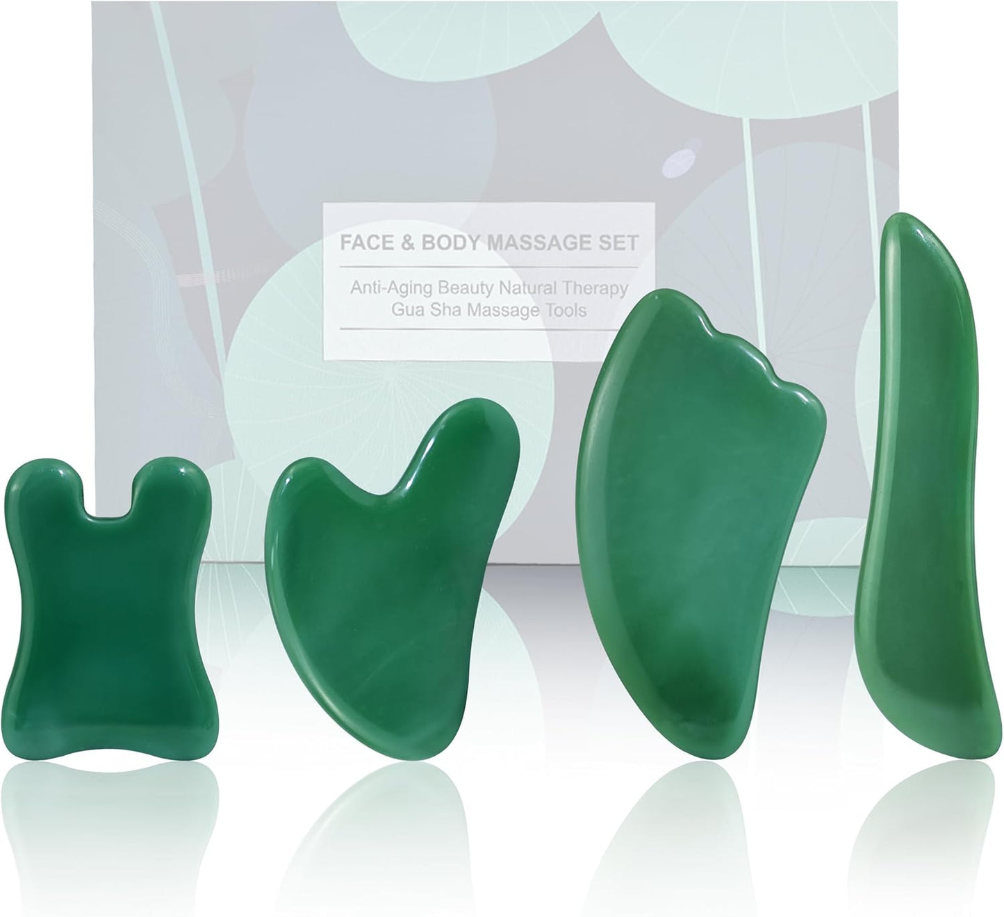 Gua Sha Massage Tool Set - 4 Piece Facial Treatment Kit for Spa and Acupuncture Therapy (Green)