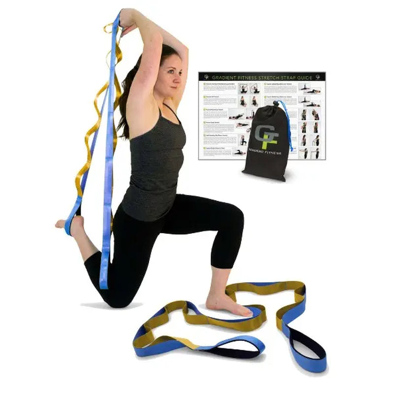 Gradient Fitness Wide Grip Stretching Strap - 1.5 Inch x 8 Feet, 12 Multi-Loop Non-Elastic Nylon Stretch Band with Neoprene Handles, Storage Bag, and 12 Exercise Posters - Available in 4 Colors