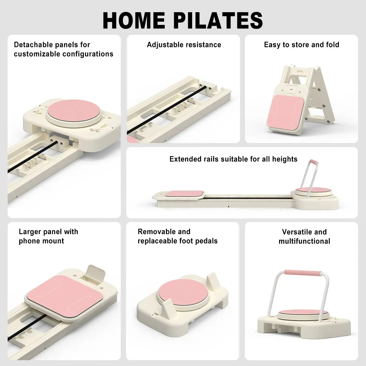 HOTWAVE Portable Pilates Reformer - 7-in-1 Foldable Pilates Board for Home Gym with High-Strength Steel Rails, 440 lbs Max Capacity, Adjustable Resistance Bands (20 lbs & 60 lbs) for Professional Full-Body Sculpting