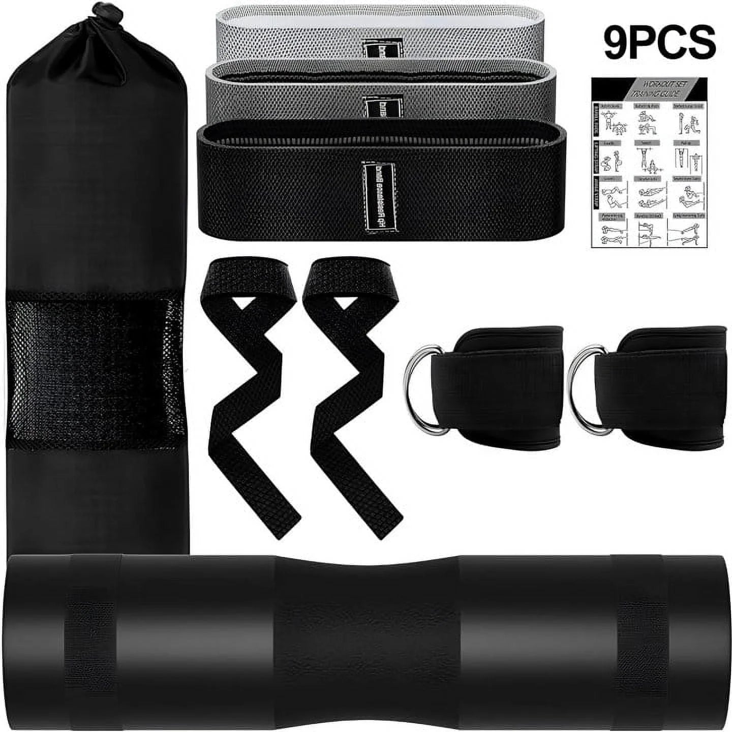 Professional Barbell Pad Set - 9 Piece Kit for Hip Thrusts, Lunges, and Leg Day with Ankle Straps, Resistance Bands, Lifting Straps, and Carry Bag - Black