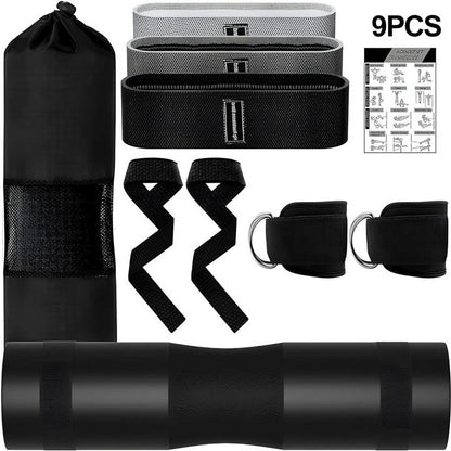 Professional Barbell Pad Set - 9 Piece Kit for Hip Thrusts, Lunges, and Leg Day with Ankle Straps, Resistance Bands, Lifting Straps, and Carry Bag - Black