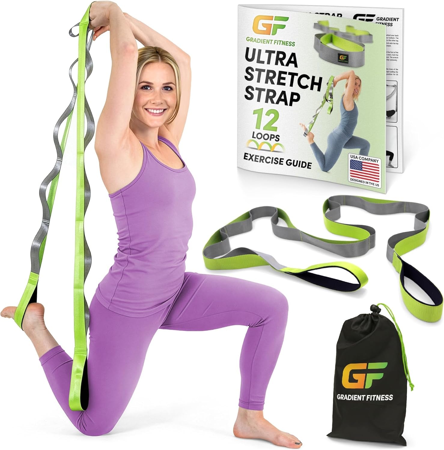 Professional Stretching Strap for Physical Therapy - 12 Multi-Loop Design, 1.5" W x 8' L, Neoprene Handles, Ideal for Yoga and Leg Stretching Exercises