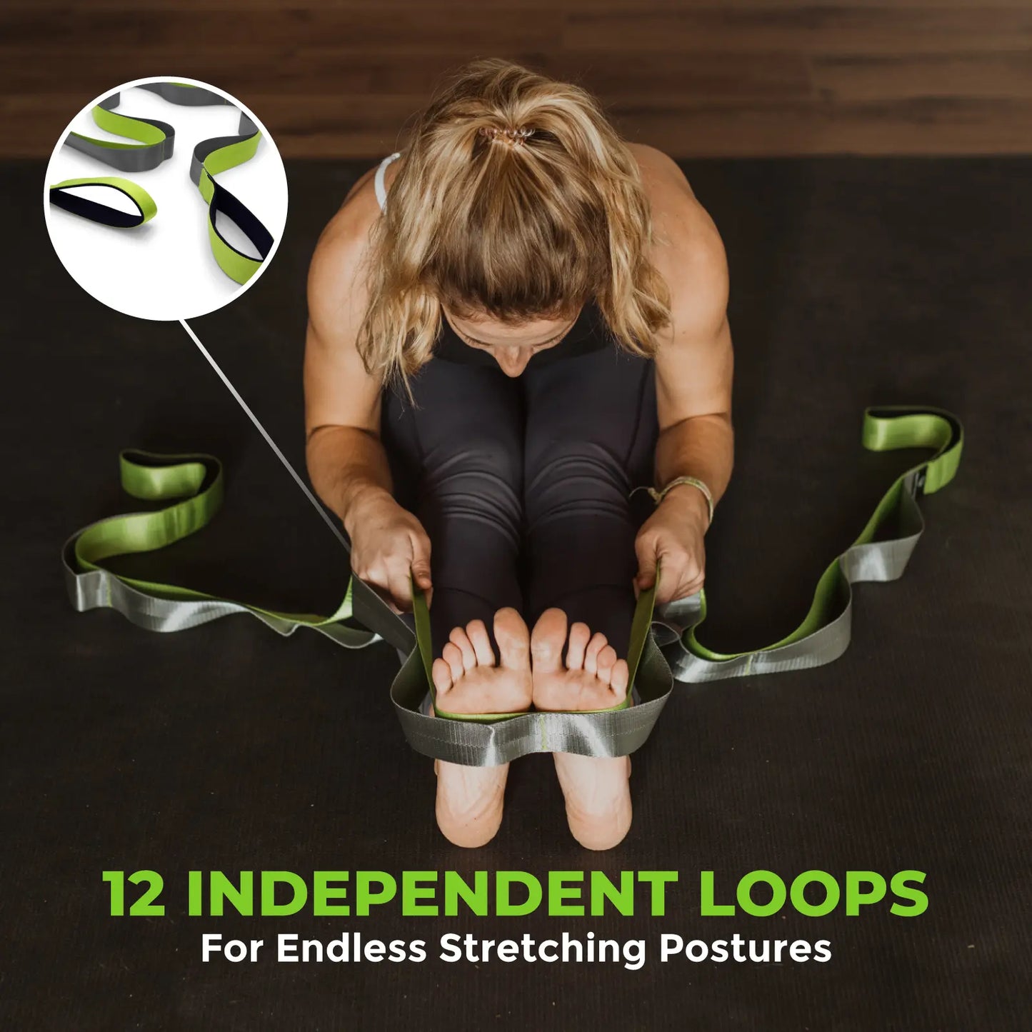 Gradient Fitness Wide Grip Stretching Strap - 1.5 Inch x 8 Feet, 12 Multi-Loop Non-Elastic Nylon Stretch Band with Neoprene Handles, Storage Bag, and 12 Exercise Posters - Available in 4 Colors