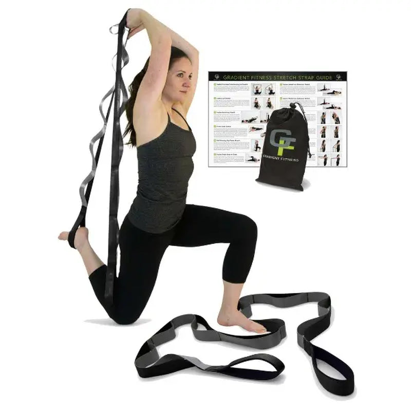 Gradient Fitness Wide Grip Stretching Strap - 1.5 Inch x 8 Feet, 12 Multi-Loop Non-Elastic Nylon Stretch Band with Neoprene Handles, Storage Bag, and 12 Exercise Posters - Available in 4 Colors
