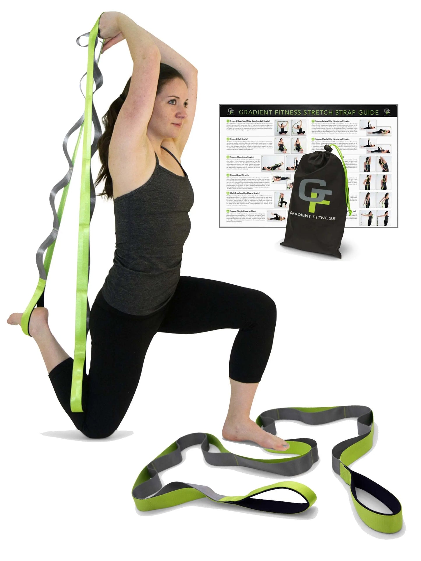 Gradient Fitness Wide Grip Stretching Strap - 1.5 Inch x 8 Feet, 12 Multi-Loop Non-Elastic Nylon Stretch Band with Neoprene Handles, Storage Bag, and 12 Exercise Posters - Available in 4 Colors