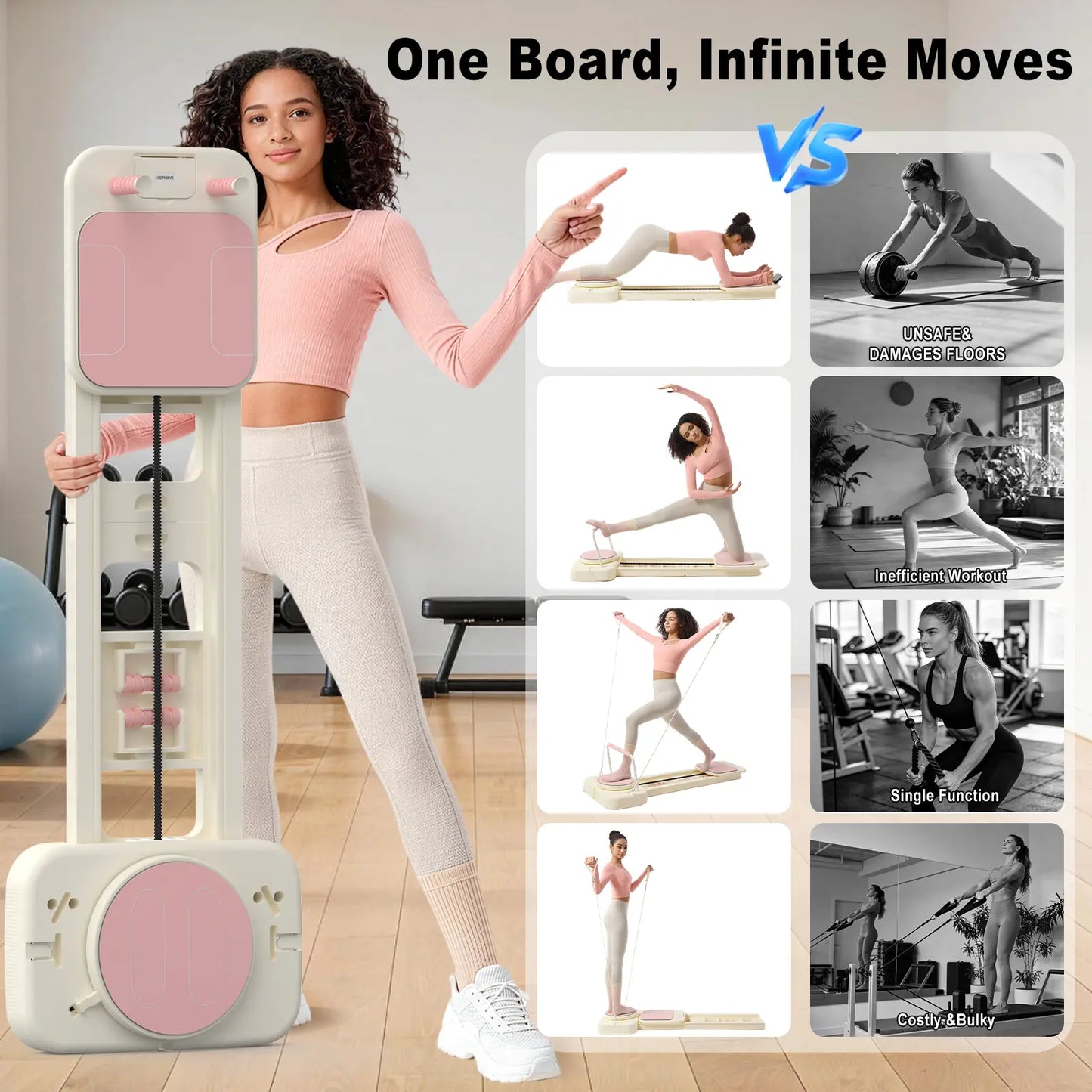 HOTWAVE Portable Pilates Reformer - 7-in-1 Foldable Pilates Board for Home Gym with High-Strength Steel Rails, 440 lbs Max Capacity, Adjustable Resistance Bands (20 lbs & 60 lbs) for Professional Full-Body Sculpting