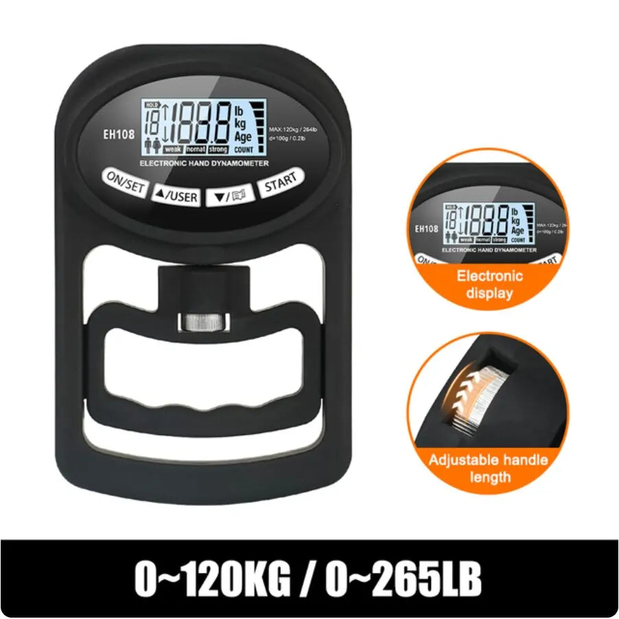 Digital Hand Grip Strength Tester - 265Lbs/120Kg Capacity with USB and LCD Display for Power Training and Sports Performance