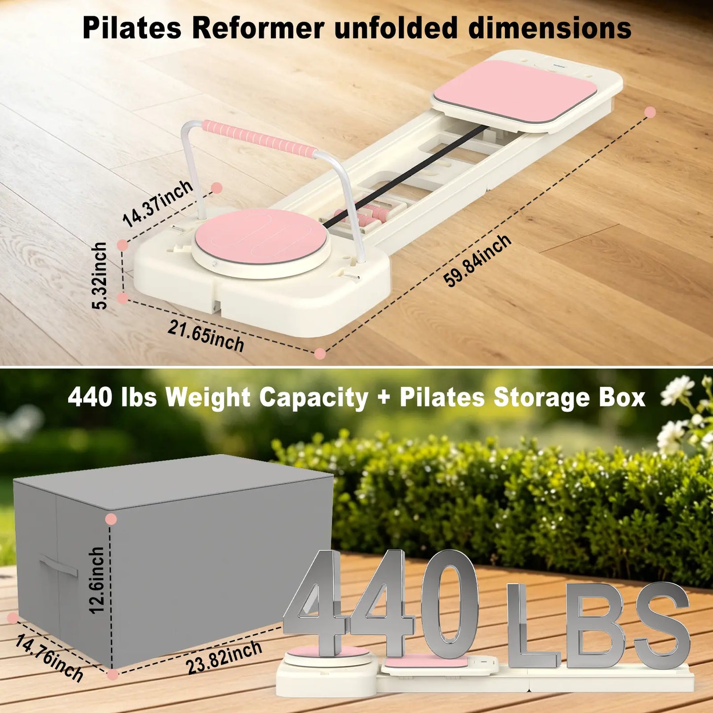 HOTWAVE Portable Pilates Reformer - 7-in-1 Foldable Pilates Board for Home Gym with High-Strength Steel Rails, 440 lbs Max Capacity, Adjustable Resistance Bands (20 lbs & 60 lbs) for Professional Full-Body Sculpting
