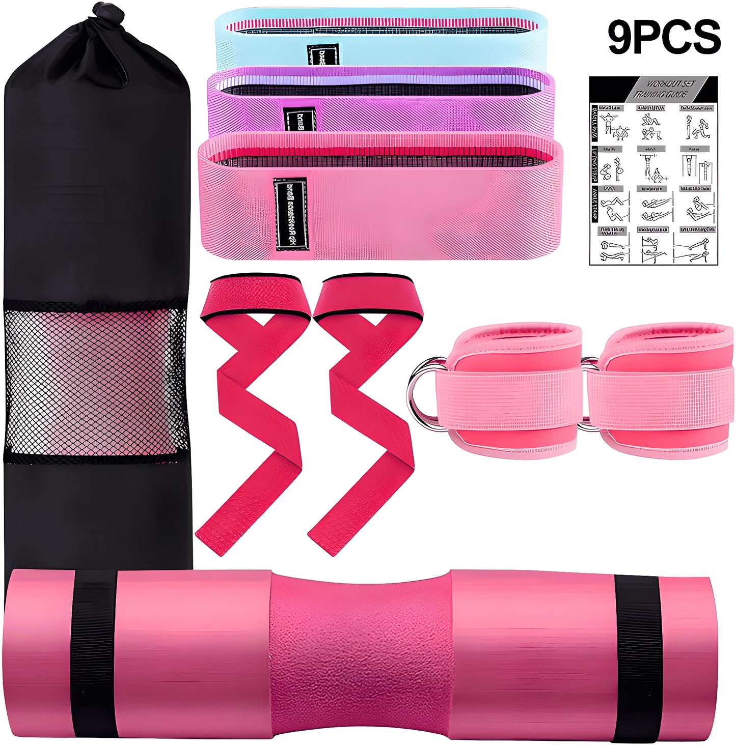Professional Barbell Pad Set - 9 Piece Kit for Hip Thrusts, Lunges, and Leg Day with Ankle Straps, Resistance Bands, Lifting Straps, and Carry Bag - Black