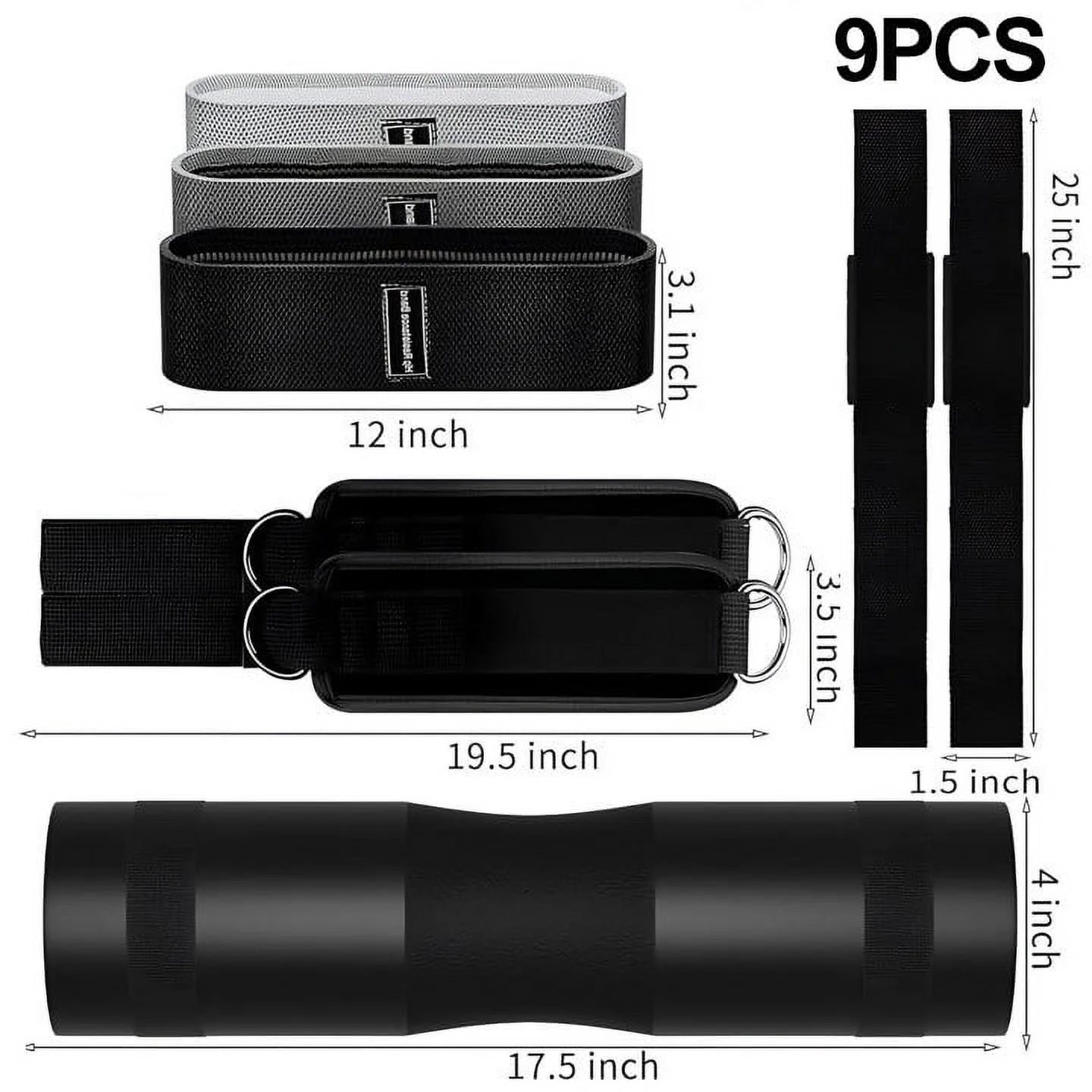 Professional Barbell Pad Set - 9 Piece Kit for Hip Thrusts, Lunges, and Leg Day with Ankle Straps, Resistance Bands, Lifting Straps, and Carry Bag - Black