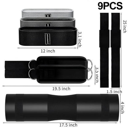 Professional Barbell Pad Set - 9 Piece Kit for Hip Thrusts, Lunges, and Leg Day with Ankle Straps, Resistance Bands, Lifting Straps, and Carry Bag - Black