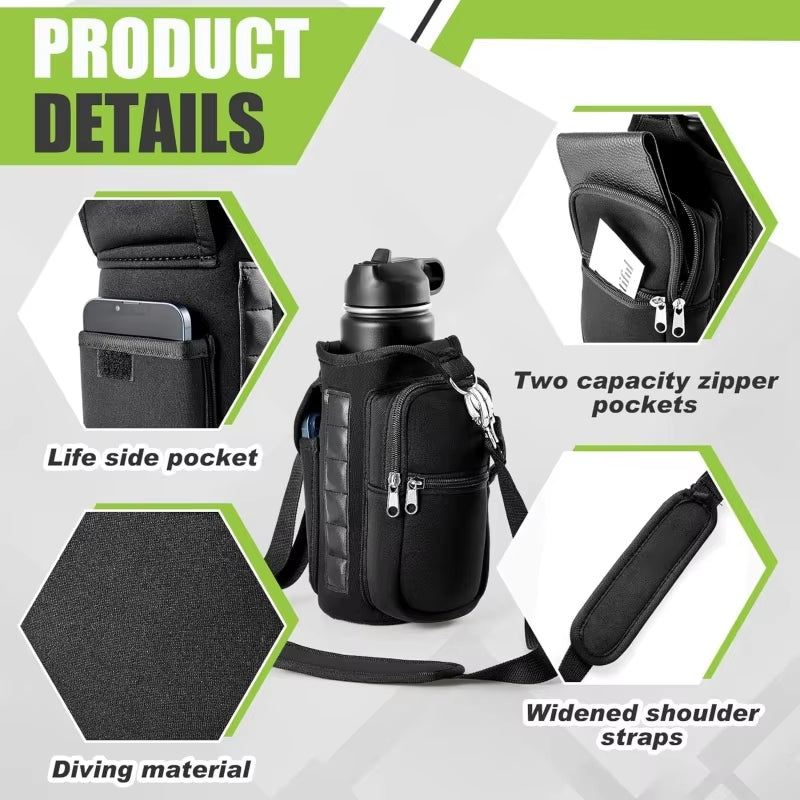 Magnetic Water Bottle Carrier with Phone Pocket, Shoulder Strap, and 6 Built-In Magnets