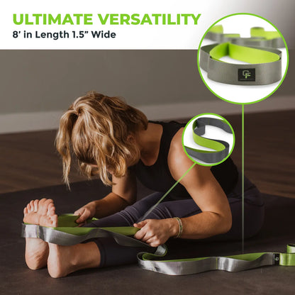 Gradient Fitness Wide Grip Stretching Strap - 1.5 Inch x 8 Feet, 12 Multi-Loop Non-Elastic Nylon Stretch Band with Neoprene Handles, Storage Bag, and 12 Exercise Posters - Available in 4 Colors